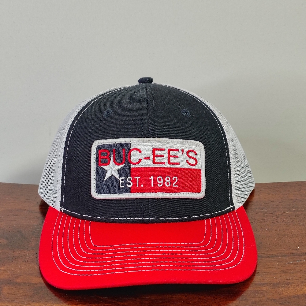 BUC-EE'S Mesh Trucker Hat Cap Strap Back Red White Blue Star Flag Est Logo Panel